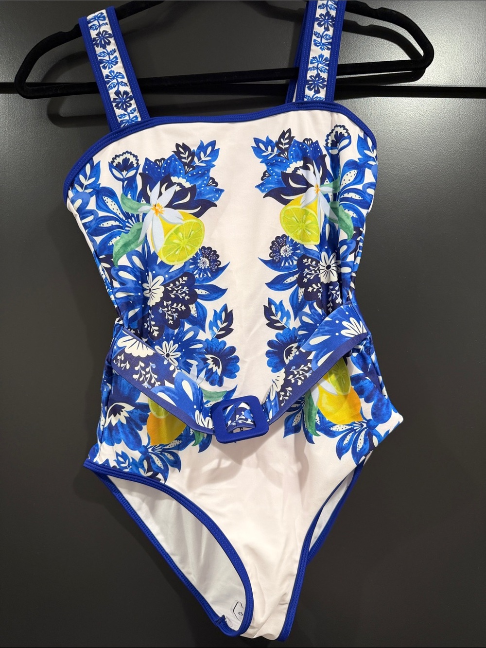 Women’s Blue Floral One-Piece Swimsuit with Lemon Print